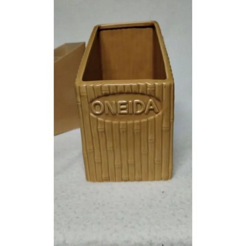 Oneida Ceramic‎ Utensil Holder Bamboo Design Kitchen Organizer Tan Brown